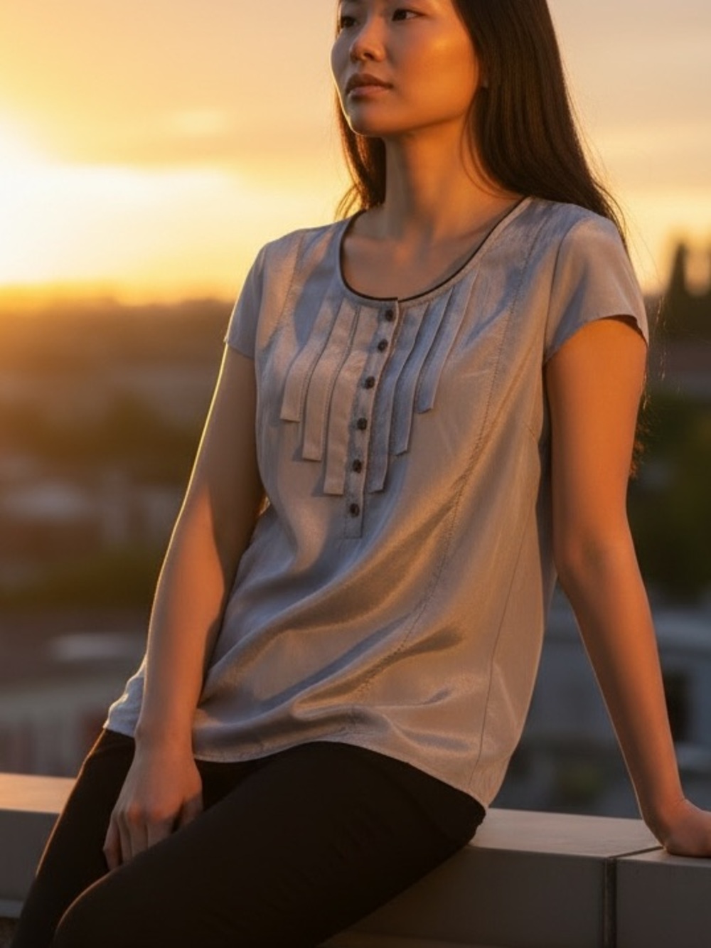 H&M Silver Satin Blend Cap Sleeved Pin Tuck Pleated Button Down Blouse- Size 10